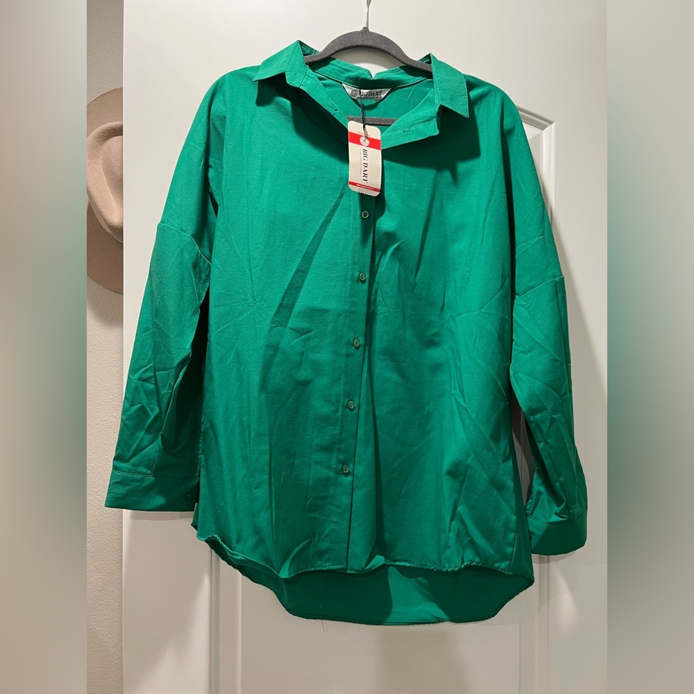 Green casual long sleeve loose fit button down